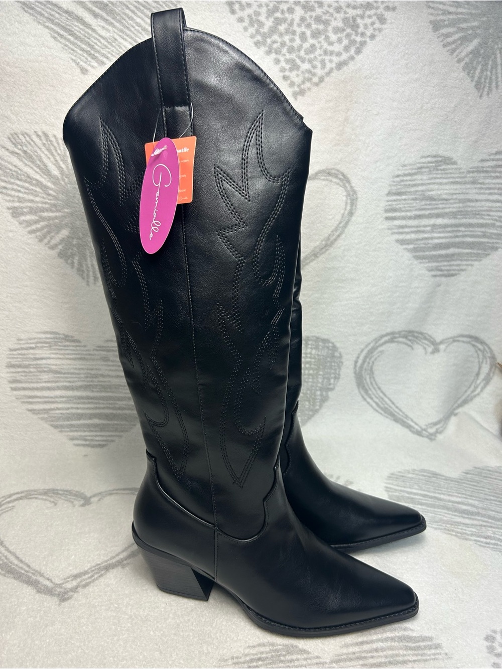 NWT Black Genialle Western Leather Heeled Cowgirl Tall Boots Sz 9